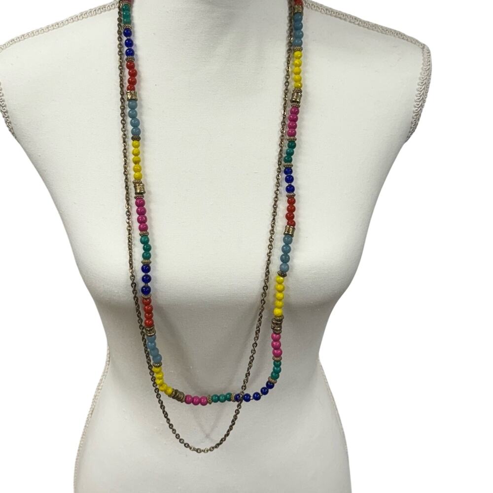 Colorful Plastic Bead & Gold Tone Two Chain Necklace